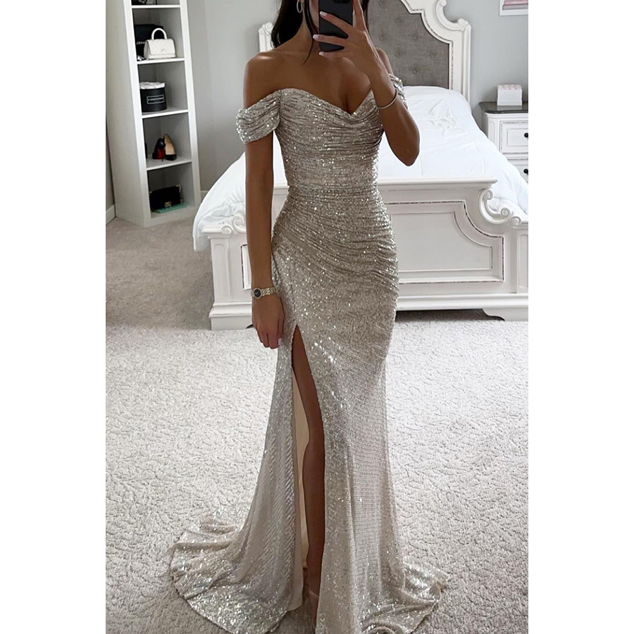 A glamorous off-shoulder evening dress