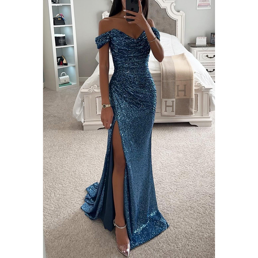 A glamorous off-shoulder evening dress